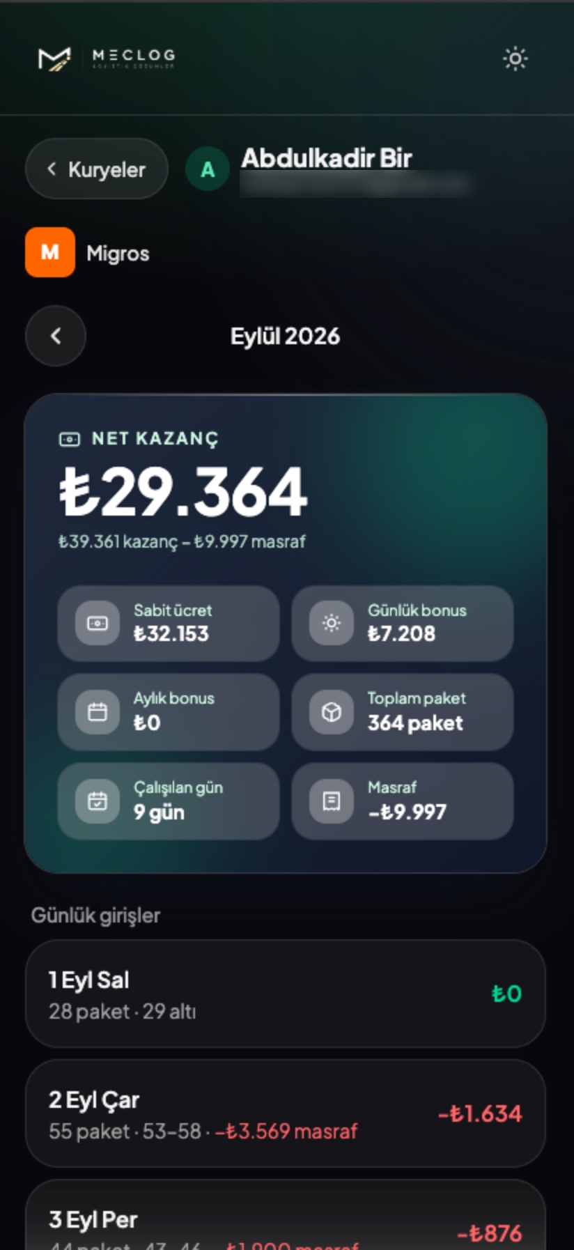 Meclog — kurye net kazanç ekranı