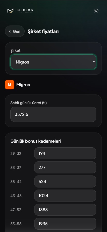 Meclog — şirket bazlı rate motoru